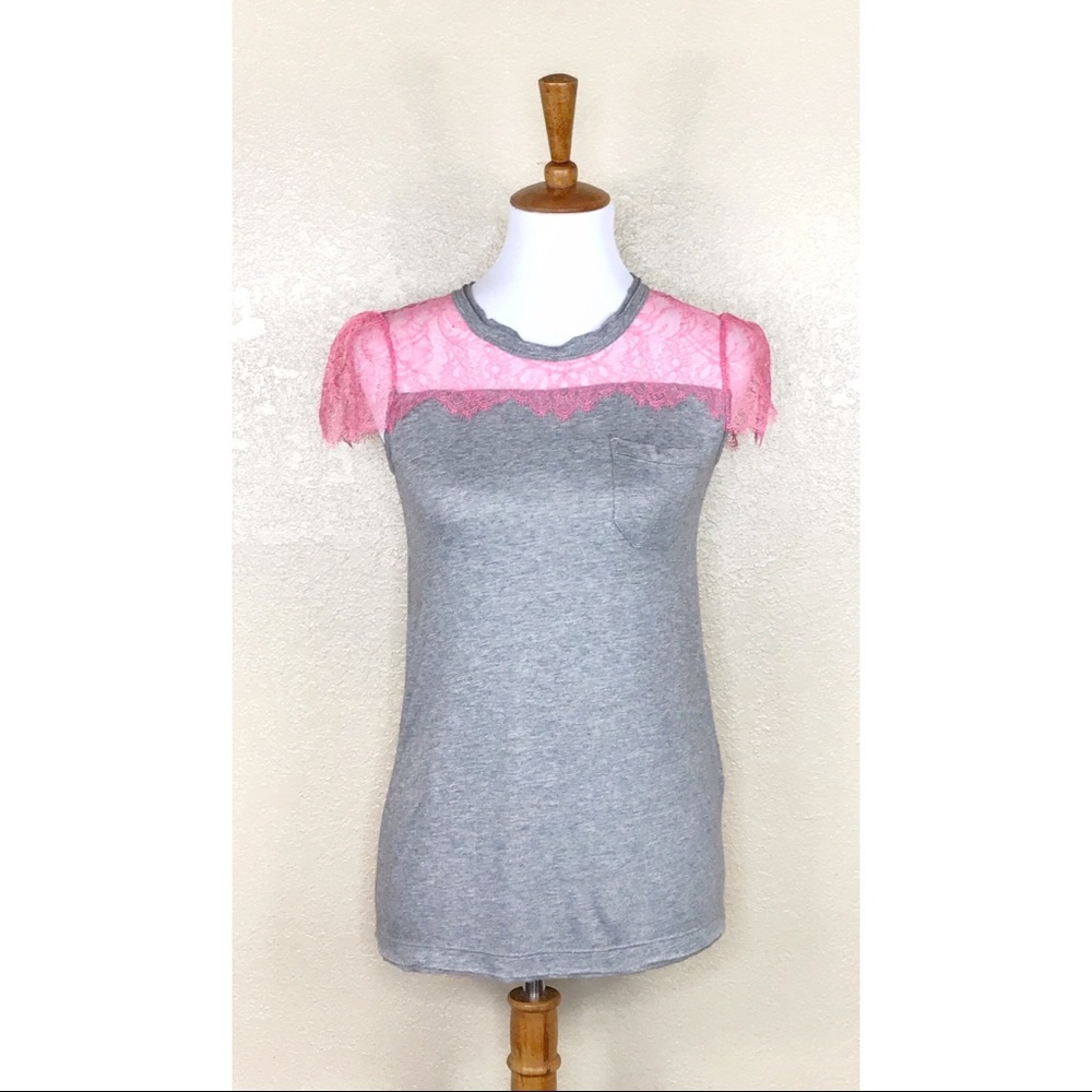 RED Valentino Pink Lace Heather Gray Tee Size Small